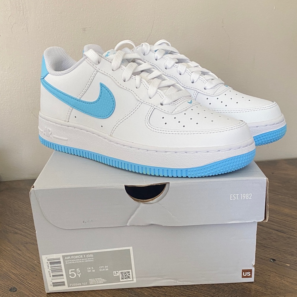 Nike Kids Air Force 1 GS White and Aquarius Blue Low Top Sneakers